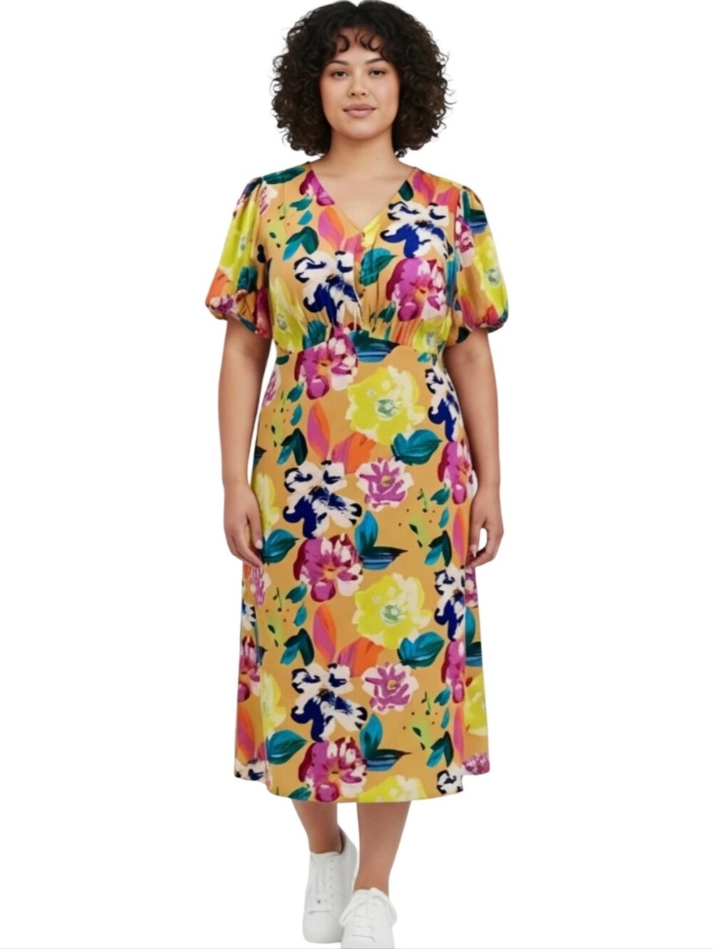 Skies Are Blue Celine Floral Print Midi Dress Size 2X Pink Yellow Orange Ruched
